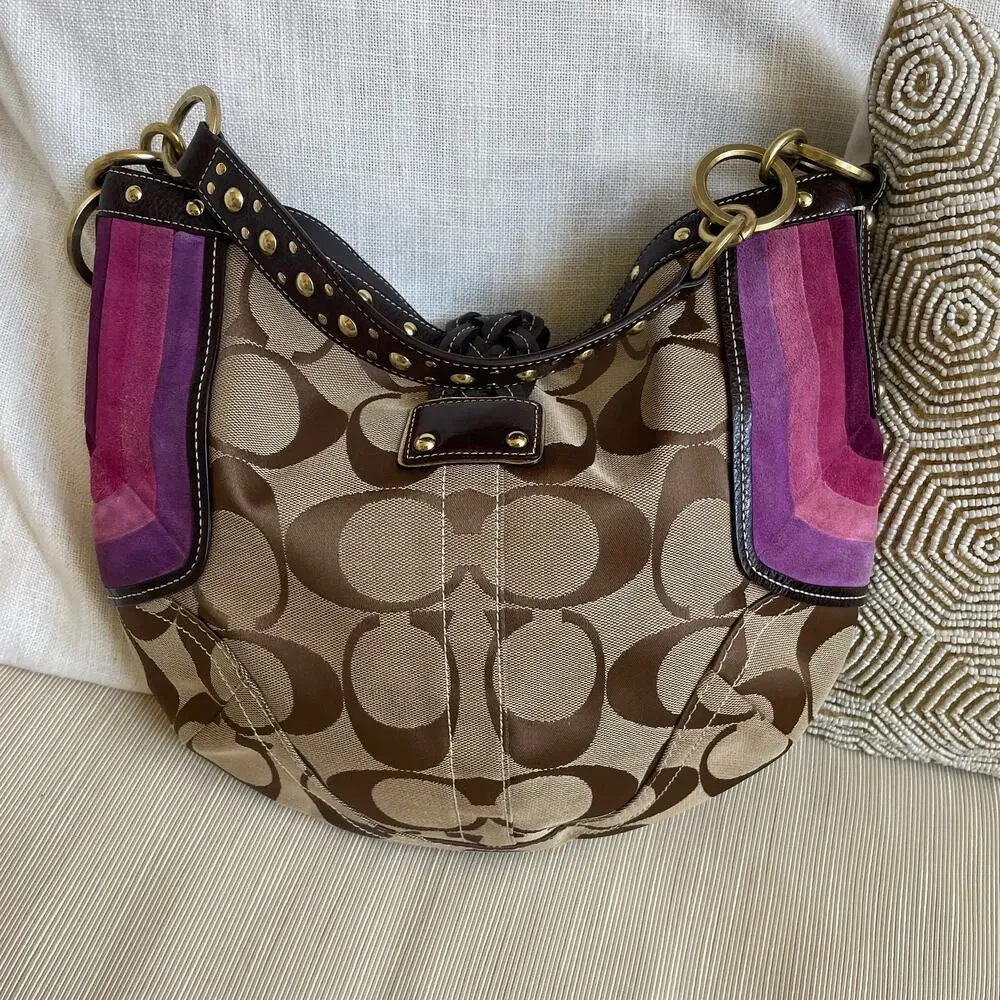 Rare Lmt Edition Coach 6426 Purple Suede Stripe Hobo Studs | Y2K Collector Grail - Picture 5 of 12